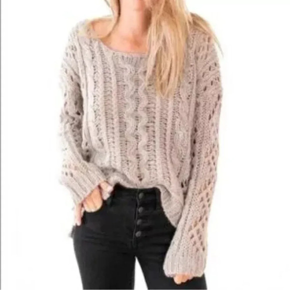 Free People Sweaters - Free People Cropped Fluff  Sweater Mohair Wool Blend Womens L Open Knit Beige
